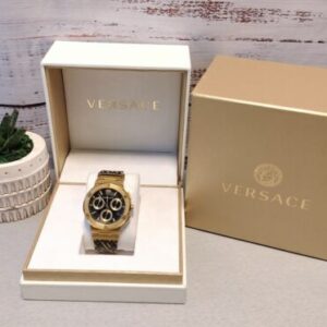 Versace Men Greca Swiss Chronograph Gold-Tone Leather Bracelet Watch