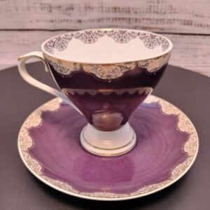 Grace's Teaware Purple, Gold, & White Fine Porcelain Footed Tea Cup & Saucer
