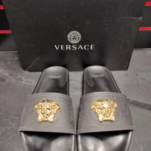 Versace Women's Black Gold Medusa Palazzo Sandals Slides Size 39